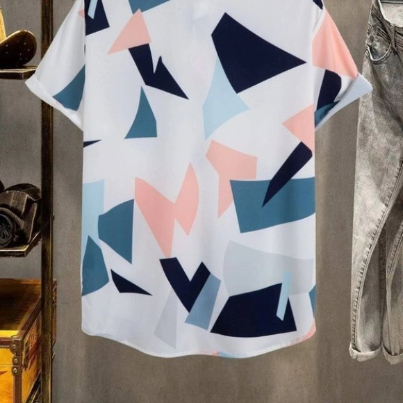 White Casual Men's Geometric Print Shirt - Picture 4 of 6